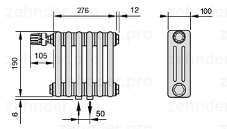 Схема (чертеж) Радиатор Zehnder Charleston 3019/6 №V007 Белый глянцевый RAL 9016